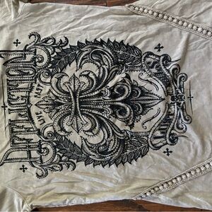 Affliction Beige Women’s short sleeve Tee with Black Graphic